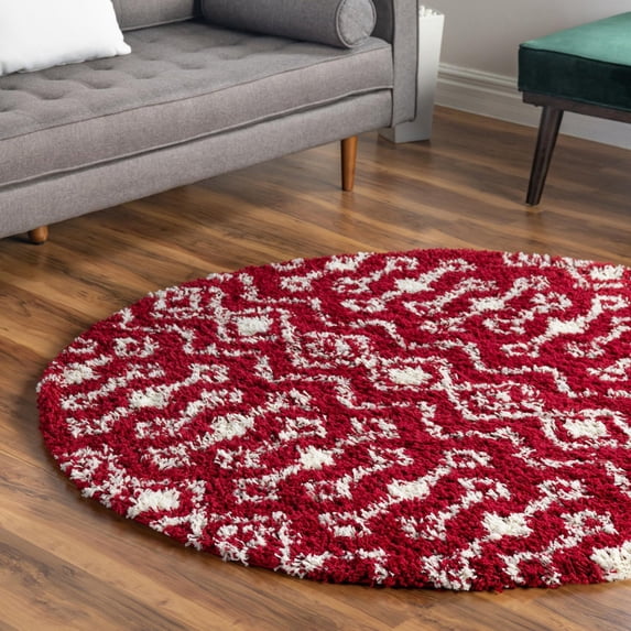 Unique Loom Moroccan Trellis Shag Collection Area Rug - Meknes (5' 3" Round Burgundy Red/Ivory)