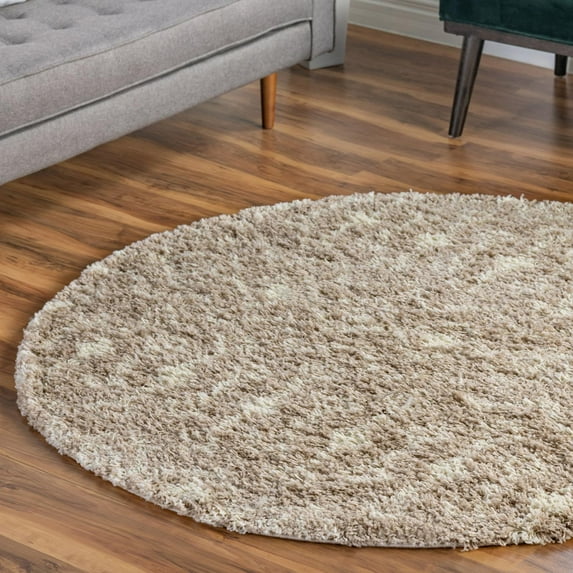 Unique Loom Moroccan Trellis Shag Collection Area Rug - Meknes (5' 3" Round Light Brown/Ivory)