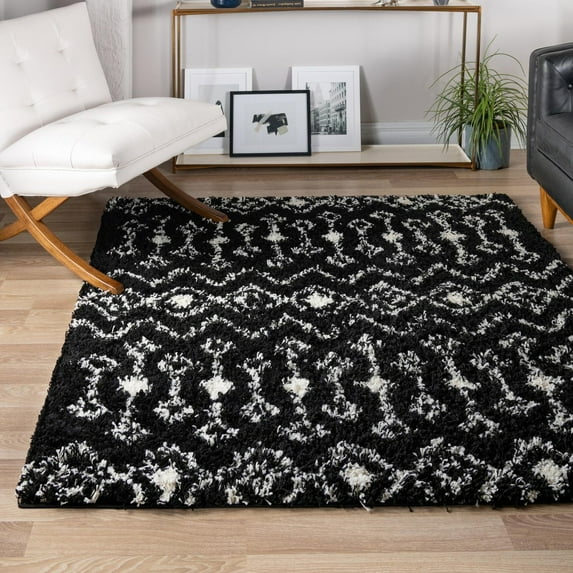 Unique Loom Moroccan Trellis Shag Collection Area Rug - Meknes (5' 3" Square Black and White)