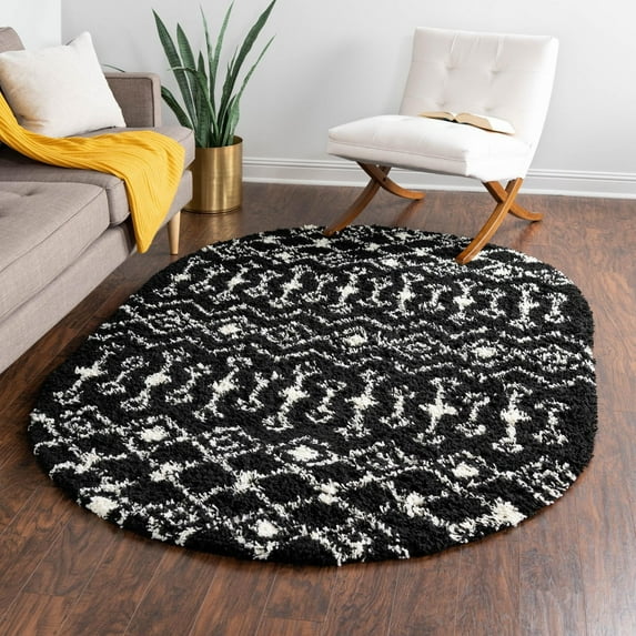 Unique Loom Moroccan Trellis Shag Collection Area Rug - Meknes (5' 3" x 8' Oval Black and White)