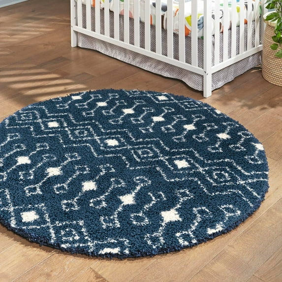 Unique Loom Moroccan Trellis Shag Collection Area Rug - Meknes (6' 1" Round Navy Blue/Ivory)