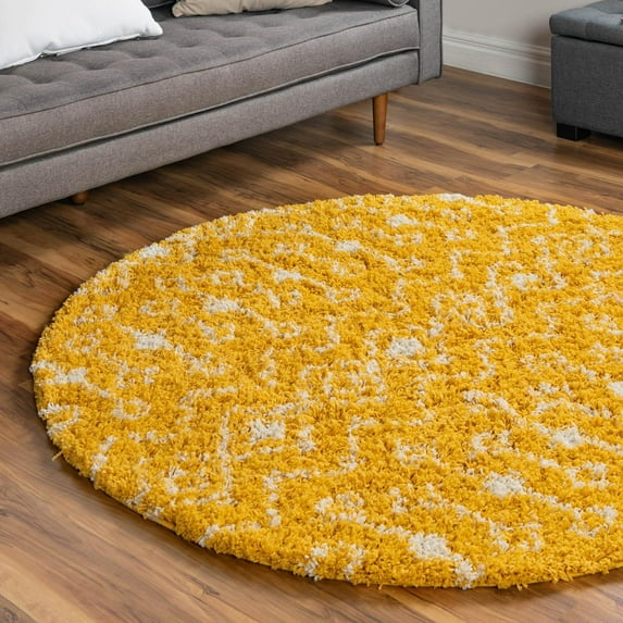 Unique Loom Moroccan Trellis Shag Collection Area Rug - Meknes (6' 1" Round Yellow/Ivory)