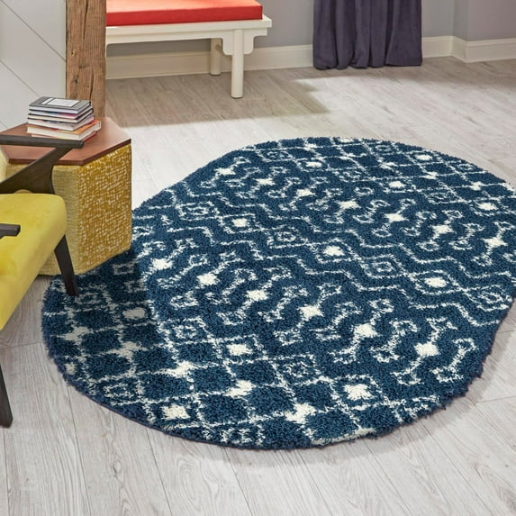Unique Loom Moroccan Trellis Shag Collection Area Rug - Meknes (7' 1" x 10' Oval Navy Blue/Ivory)