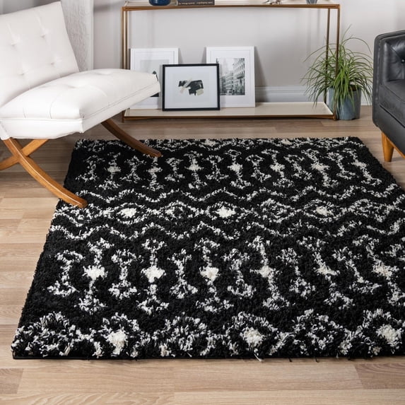 Unique Loom Moroccan Trellis Shag Collection Area Rug - Meknes (7' 10" Square Black and White)