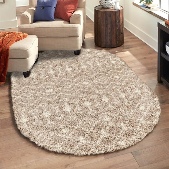 Unique Loom Moroccan Trellis Shag Collection Area Rug - Meknes (7' 10" x 10' Oval Light Brown/Ivory)