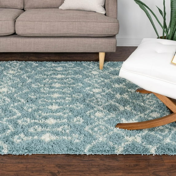 Unique Loom Moroccan Trellis Shag Collection Area Rug - Meknes (7' 10" x 10' Rectangle Light Blue/Ivory)