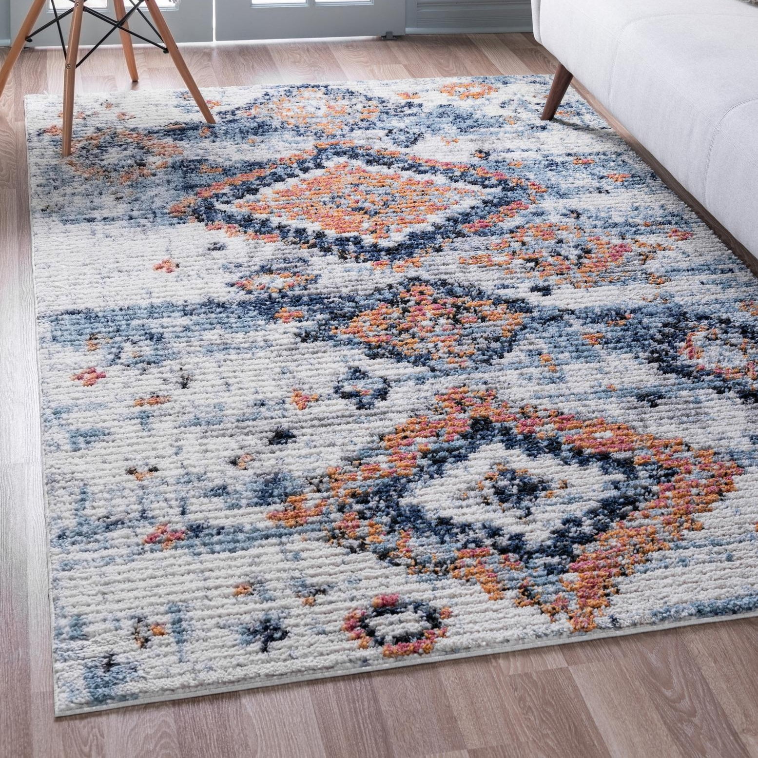 Ivory and Blue Geometric High-Pile Synthetic Rug, 2' x 3'