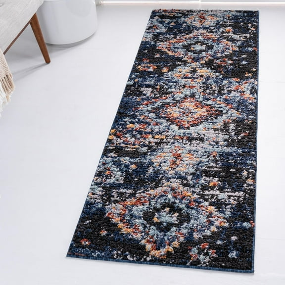 Unique Loom Morocco Collection Area Rug - Mediterranean (2' 7" x 10' Runner Navy Blue/Black)