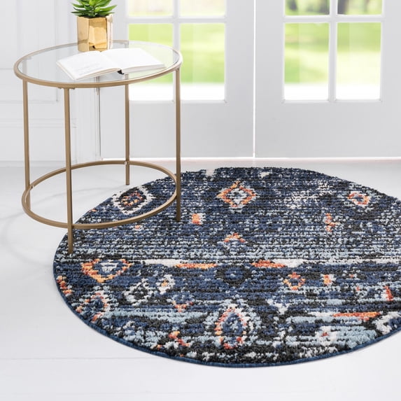 Unique Loom Morocco Collection Area Rug - Palace (4' 1" Round Navy Blue/Black)