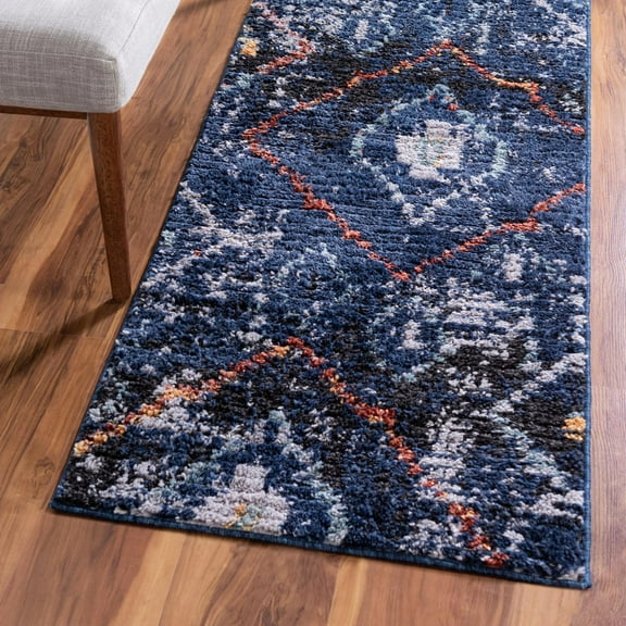 Unique Loom Morocco Collection Area Rug - Rif (2' 7" x 10' Runner Navy Blue/Black)
