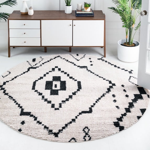 Unique Loom Morocco Collection Area Rug - Rif (4' 1" Round Ivory/Black)