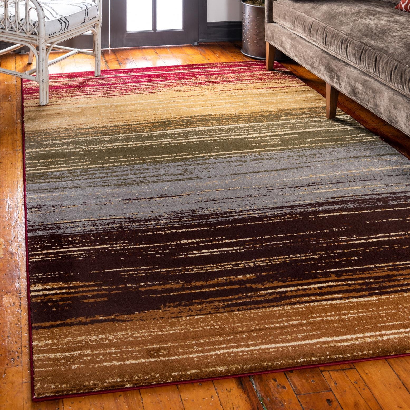 Barista Collection Rectangular Beige and Blue Striped Area Rug