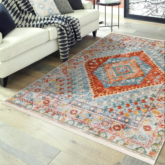 Unique Loom Paragon Collection Area Rug - Naples (4' 3" x 6' Rectangle Salmon/Blue)