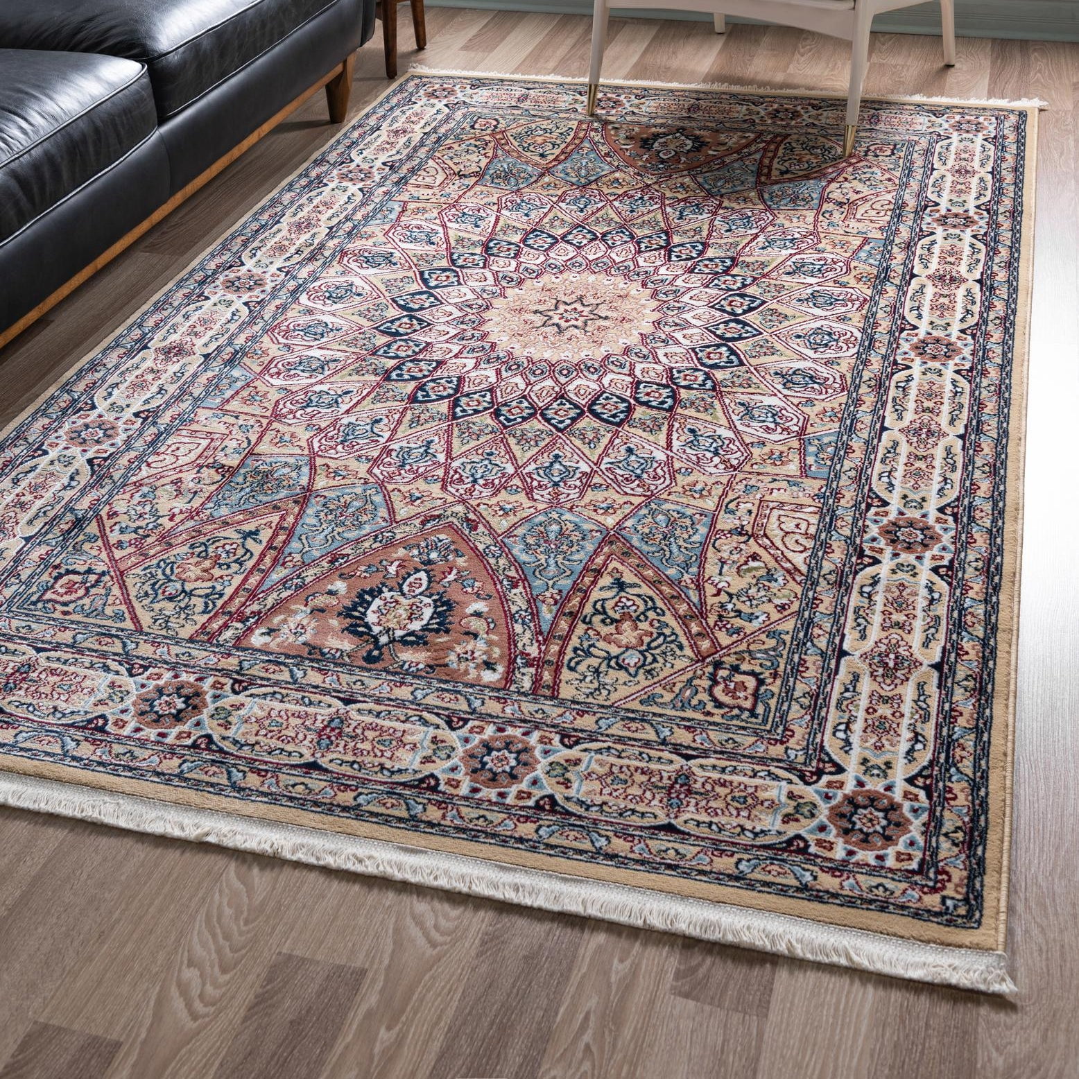 Persian Inspired Beige and Blue Synthetic Rectangular Rug