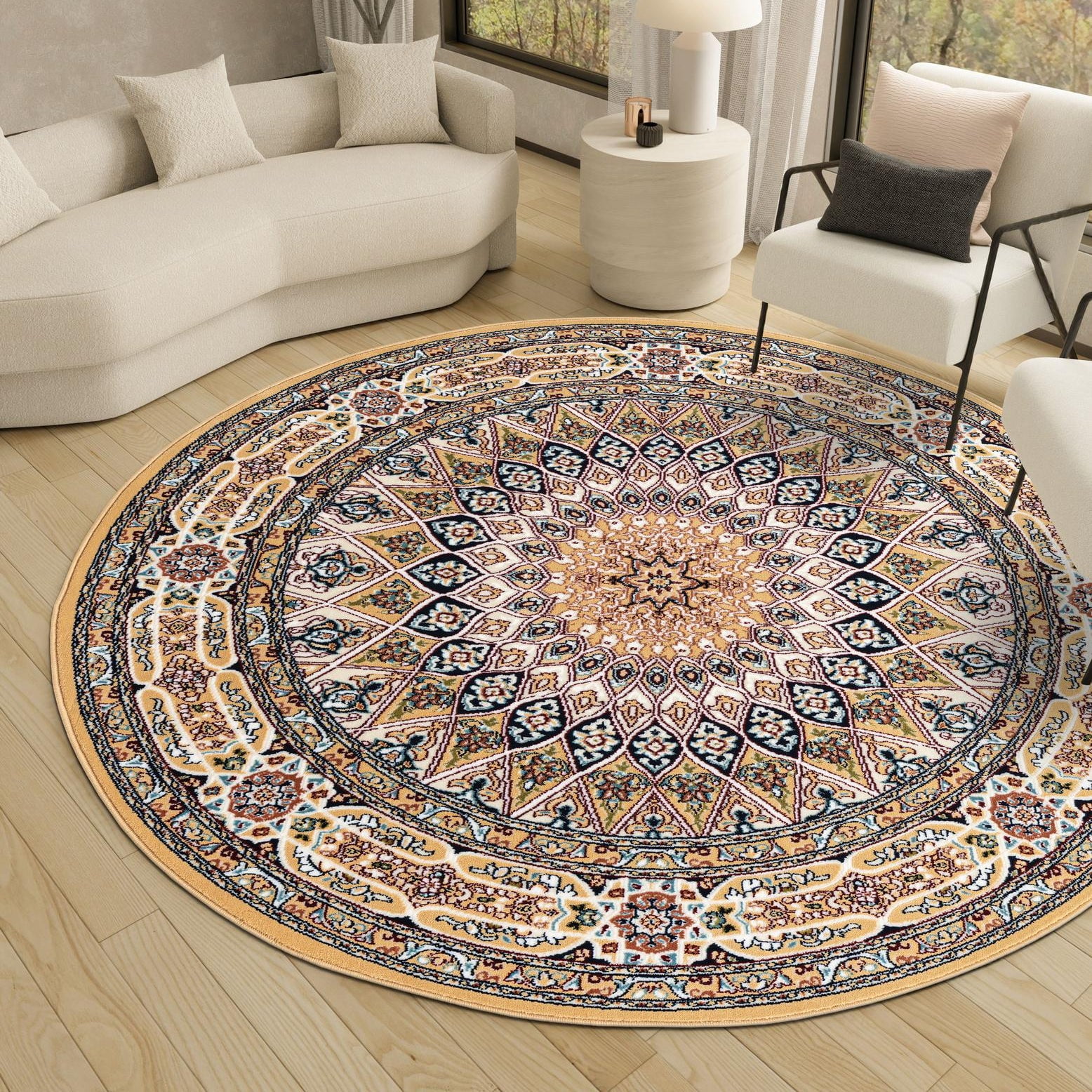 Elegant Tan Round Synthetic Indoor Rug with Traditional Persian Design