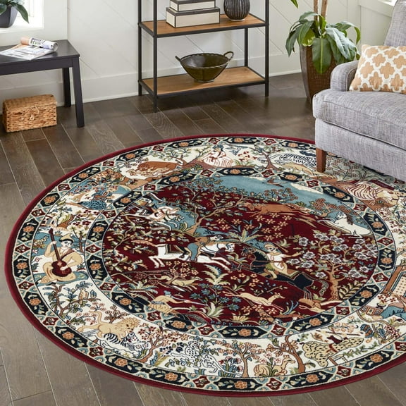 Unique Loom Narenj Collection Area Rug - Birmingham (5' 3" Round Burgundy/Blue)