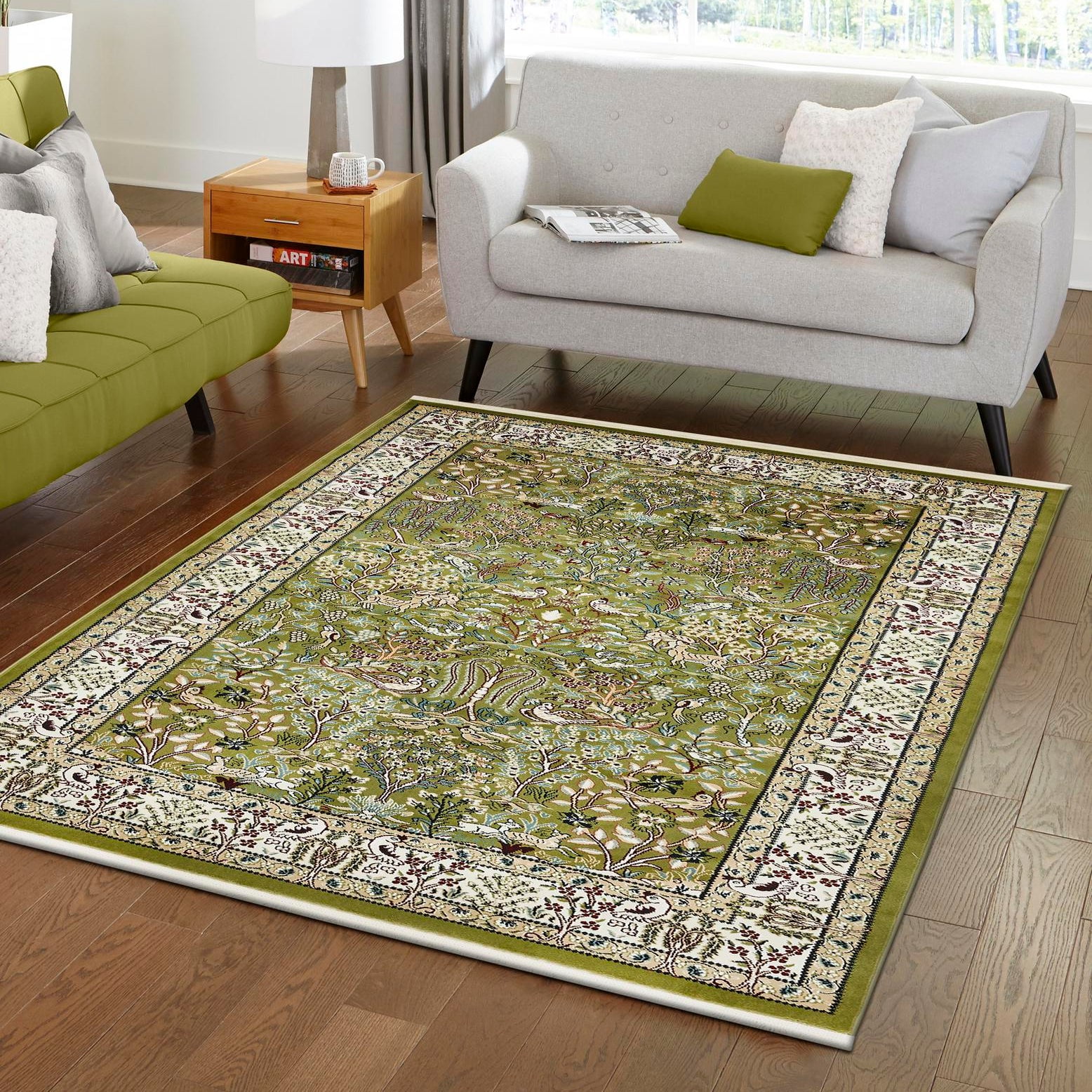 Green and Ivory Rectangular Floral Synthetic Area Rug 10' x 13'