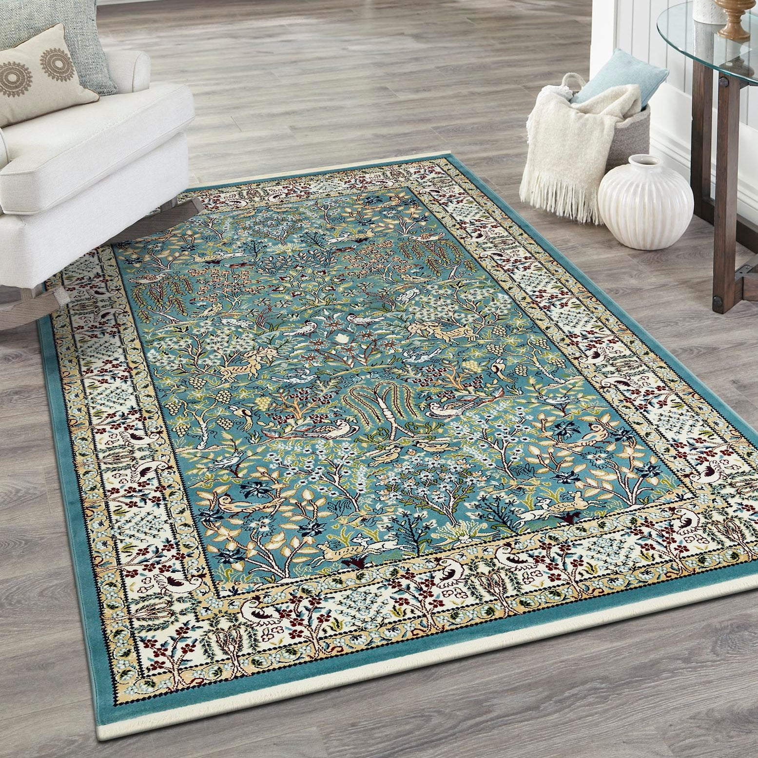 Narenj Blue and Beige Floral Synthetic 10' x 13' Area Rug