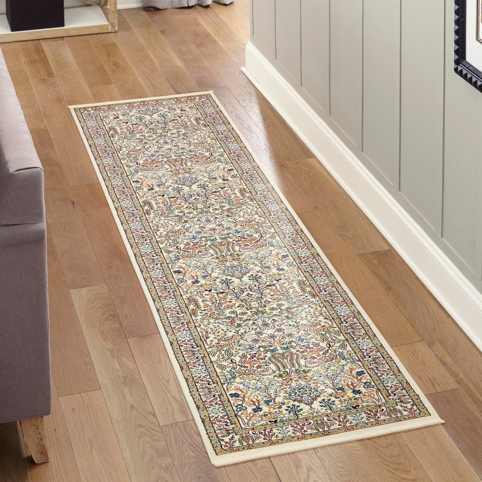 Ivory Floral Synthetic Runner Rug with Stain-Resistant Easy Care