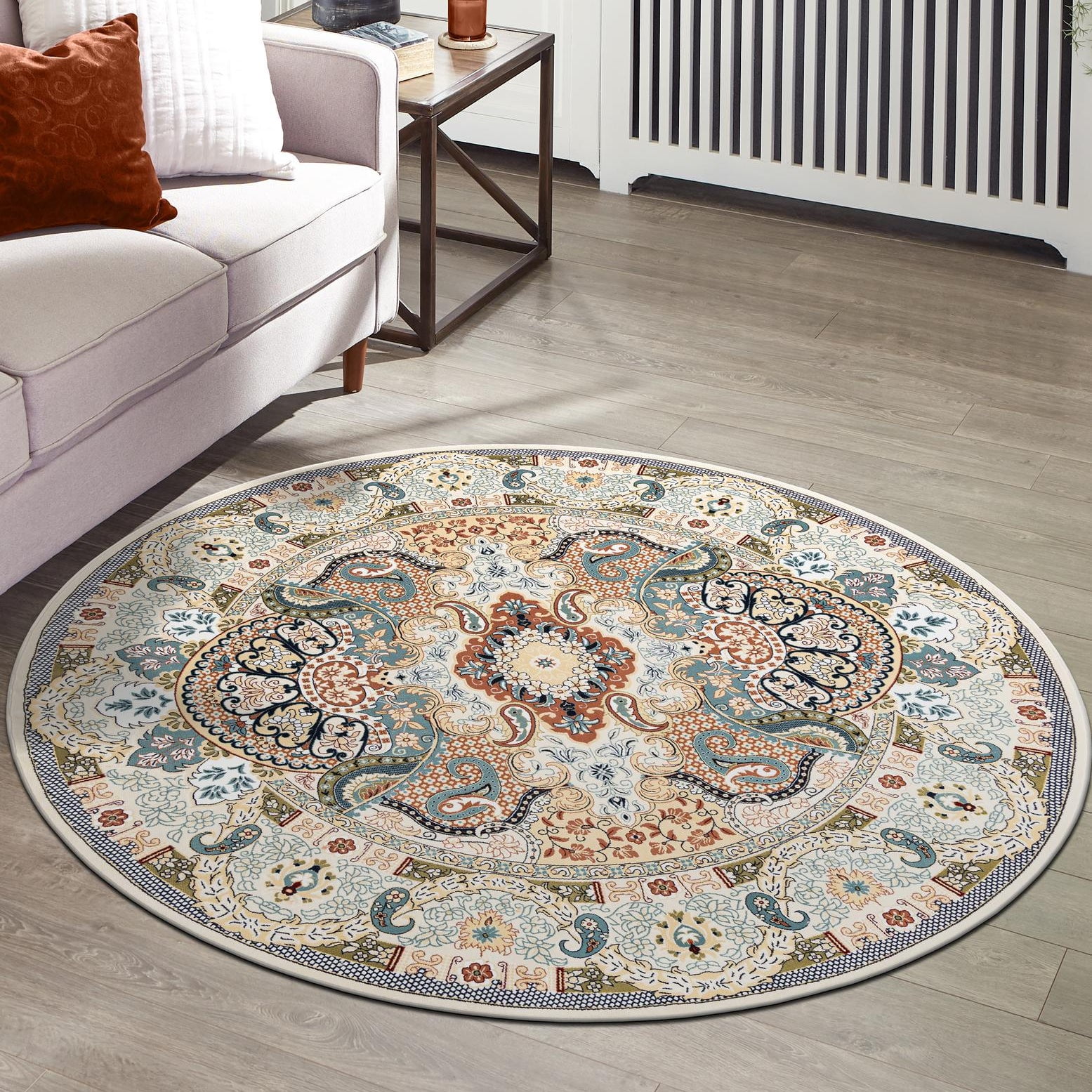 Ivory and Blue Round Floral Synthetic Area Rug, 5' 1"