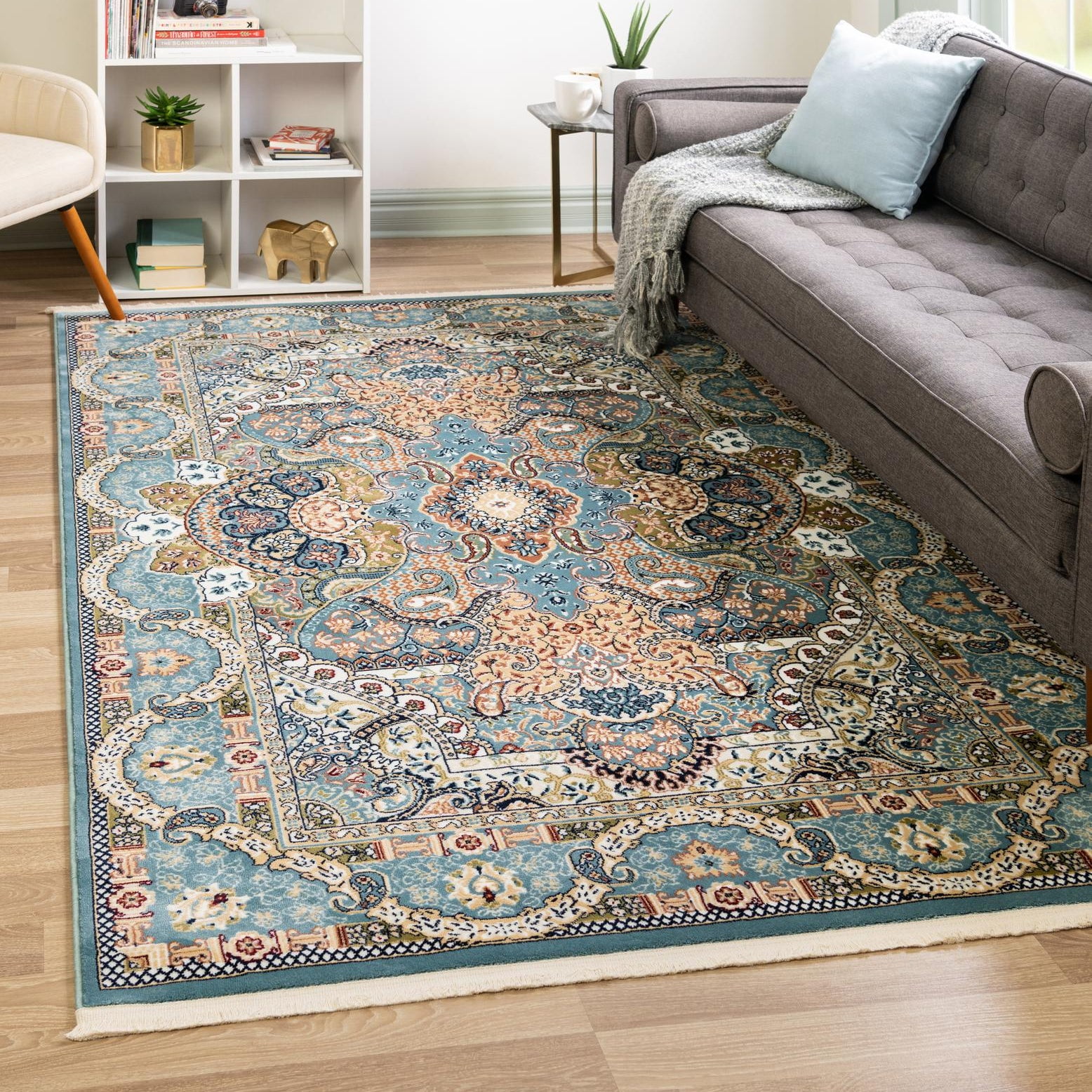 Blue and Beige Rectangular 8' x 10' Synthetic Area Rug