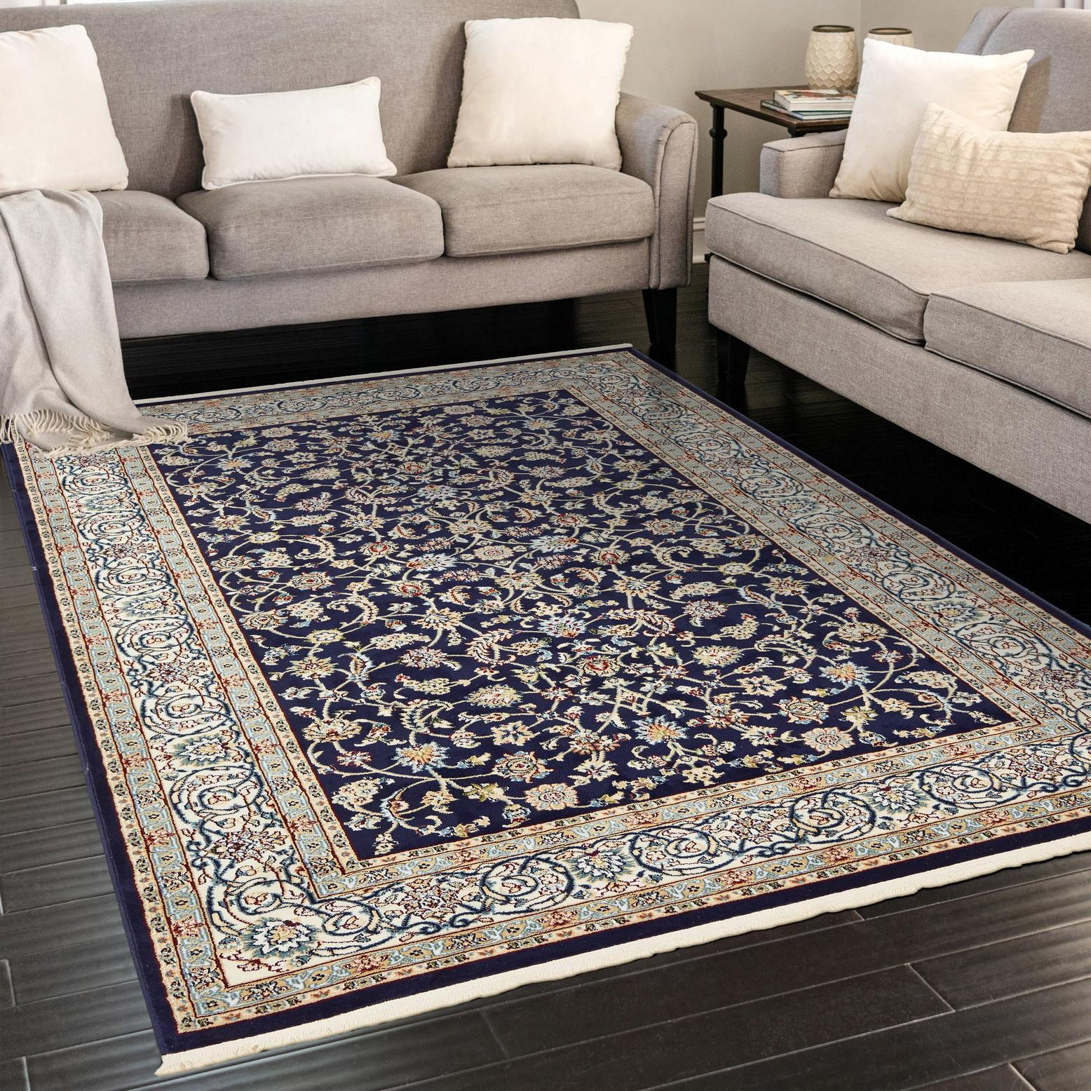 Navy Blue and Beige Synthetic Traditional Rectangular Area Rug