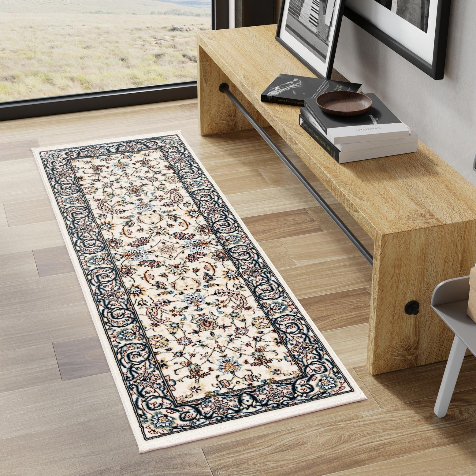 Ivory Floral Synthetic Runner Rug with Persian Motif