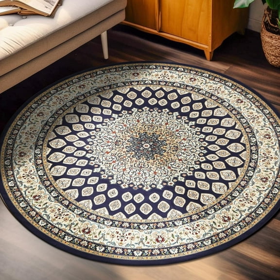 Unique Loom Narenj Collection Area Rug - Nottingham (5' 3" Round Navy Blue/Beige)