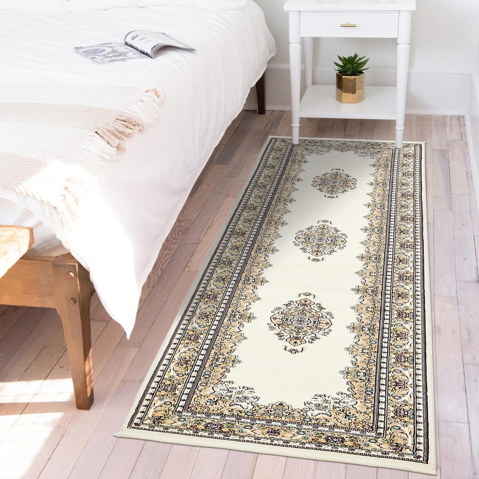 Ivory and Cream Synthetic Persian-Style Runner Rug