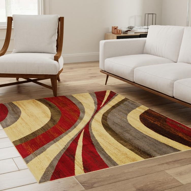 Square Beige and Red Abstract Synthetic Indoor Rug
