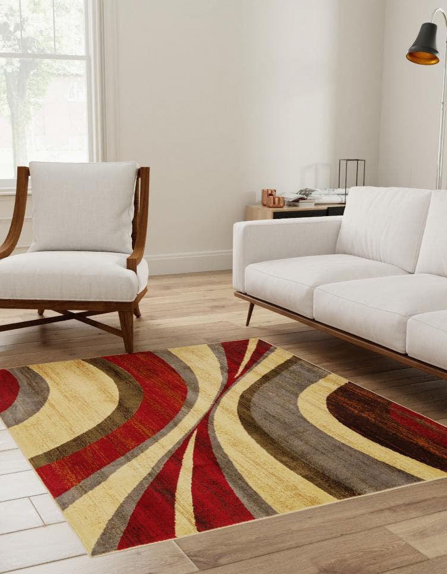 Square Beige and Red Abstract Synthetic Indoor Rug