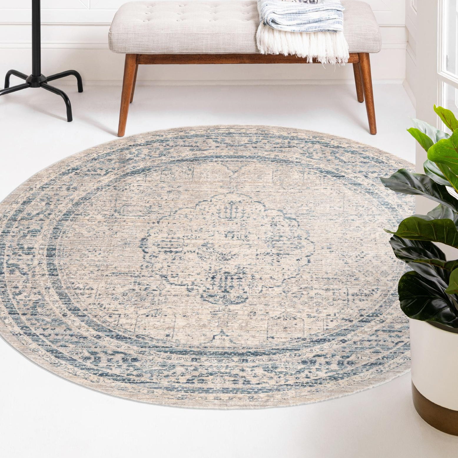 Ivory and Gray Round Synthetic Stain-Resistant Area Rug