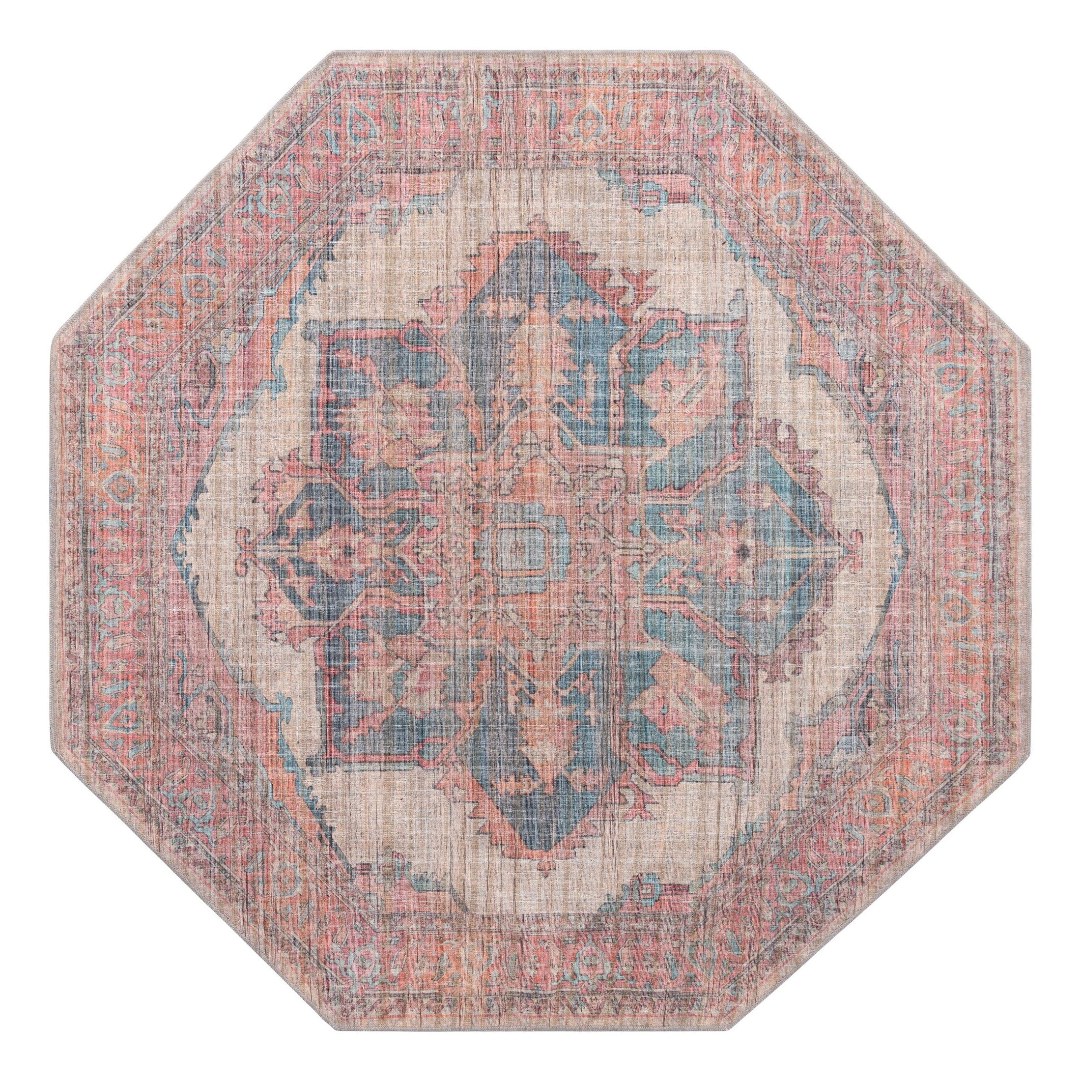 Octagon Antique Beige and Blue Synthetic Medallion Rug