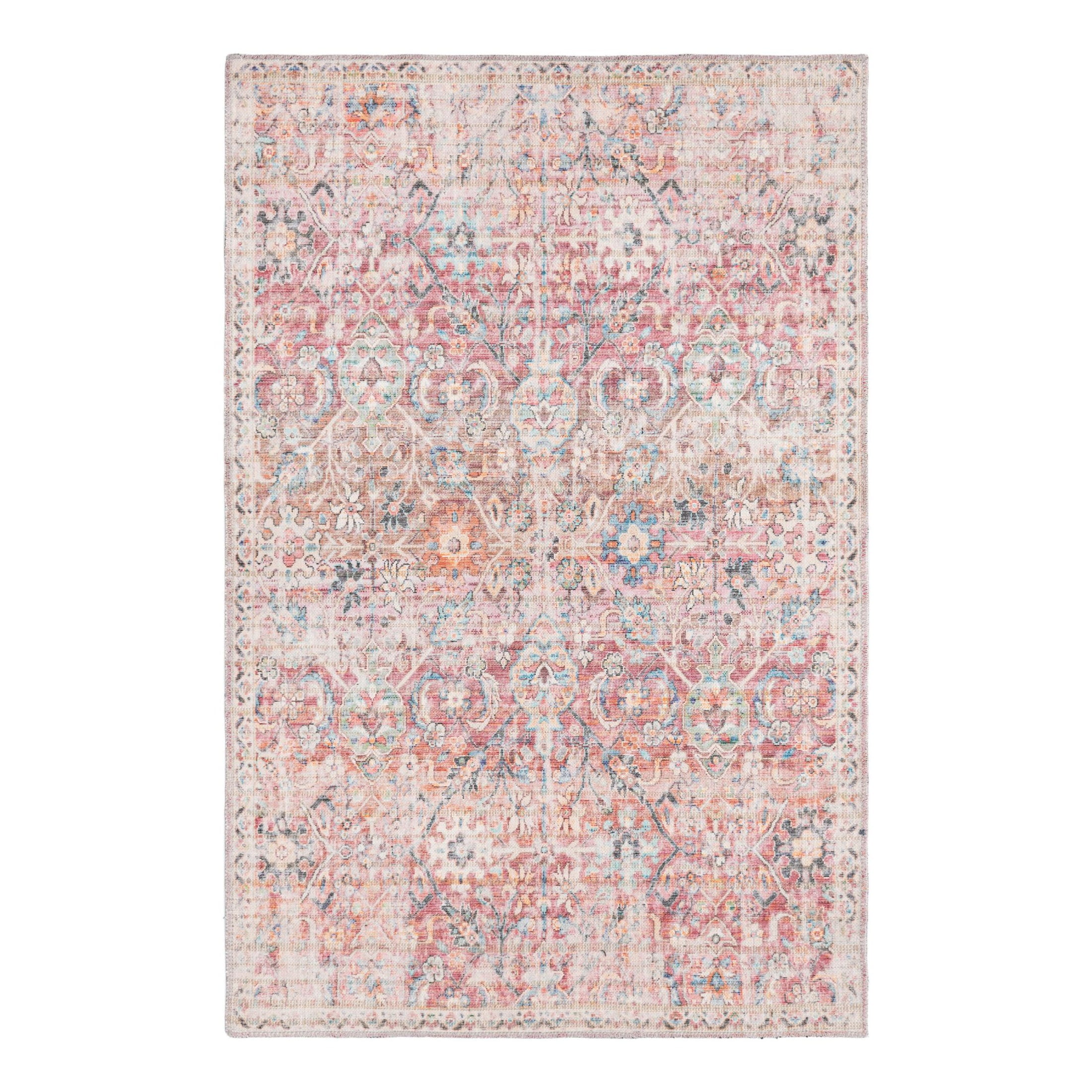 Ivory and Pink Flat Woven Washable Synthetic Area Rug 4' x 6'