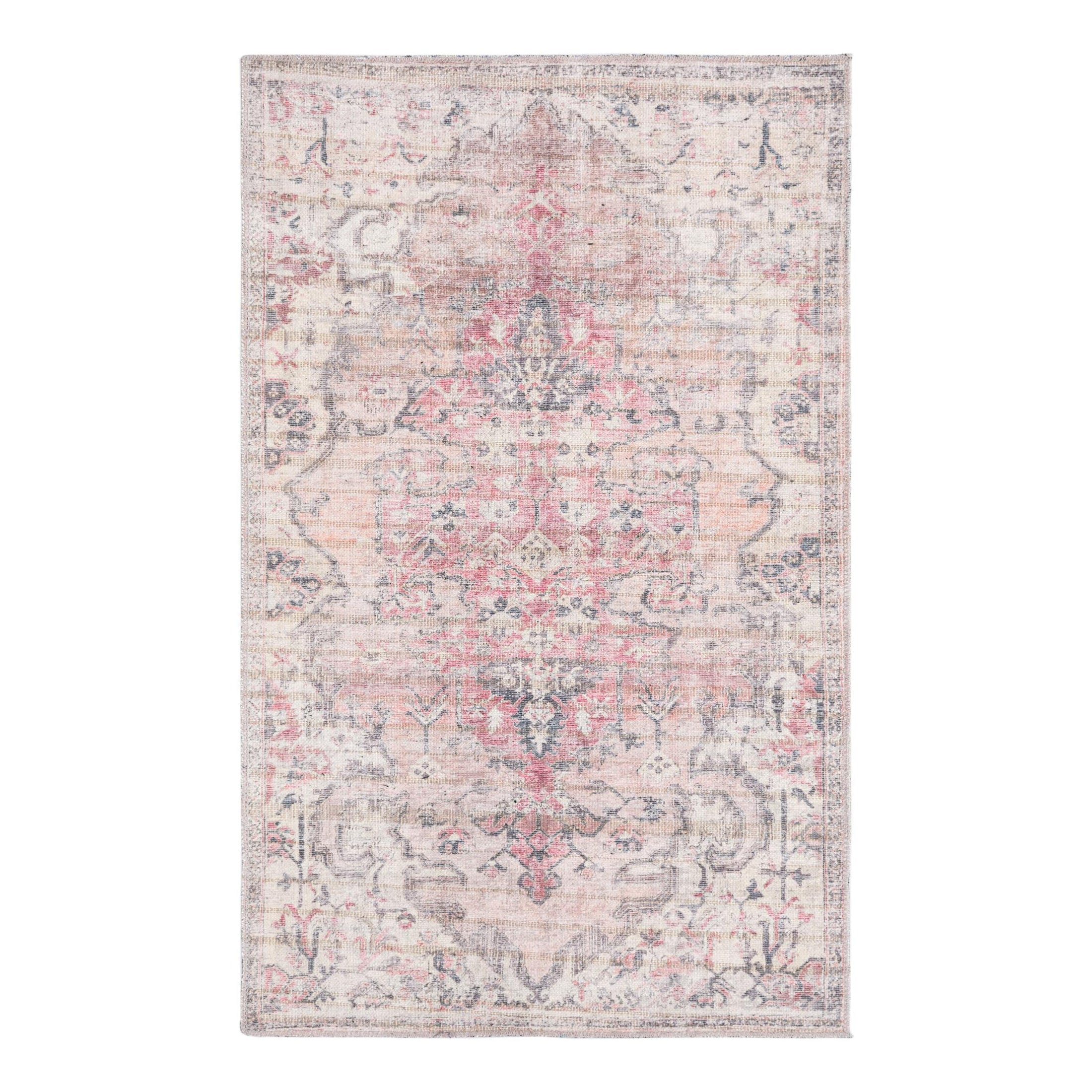 Ivory and Beige Pink Rectangular Washable Medallion Rug