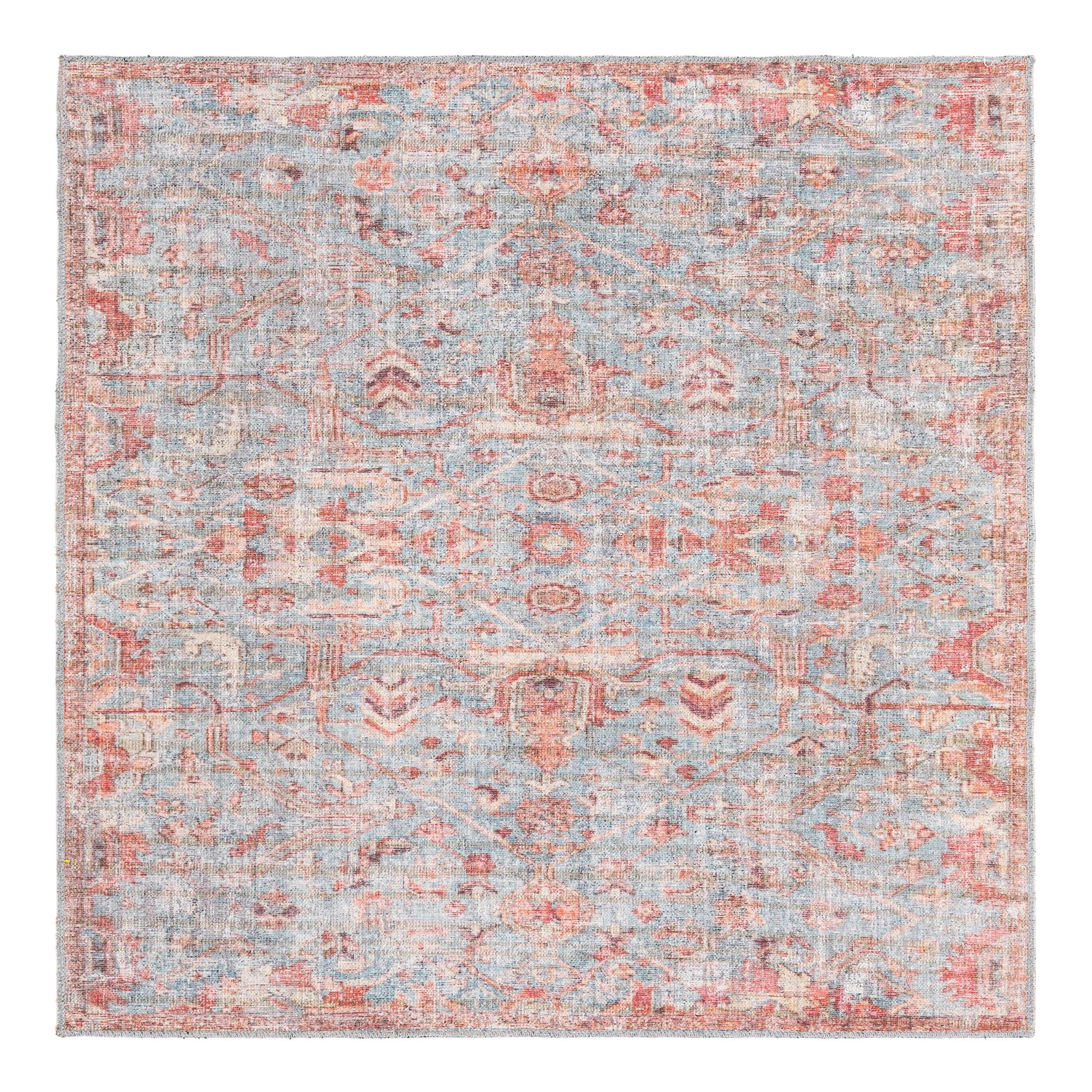 Antique Blue Floral Washable Square Rug 5'3" Synthetic Easy Care