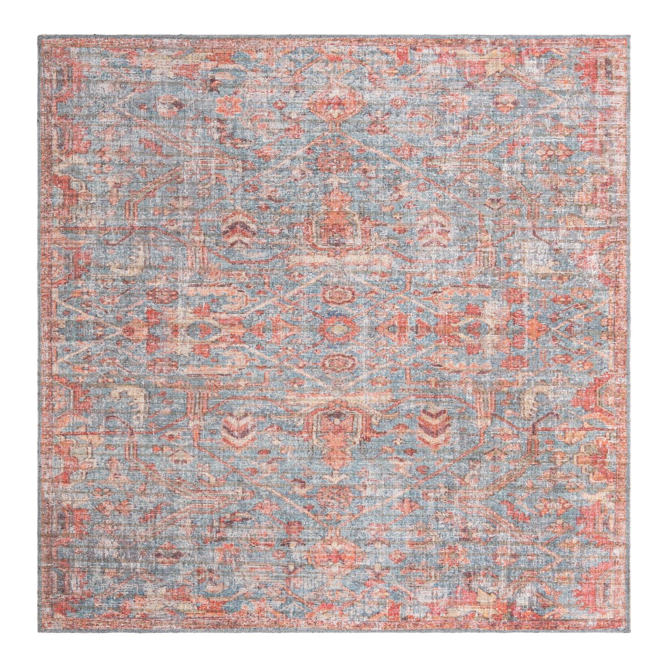 Antique Blue Square Washable Synthetic Area Rug