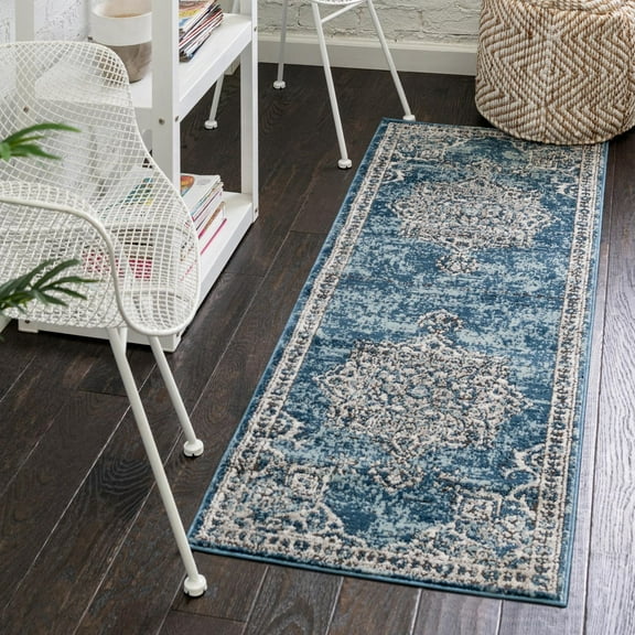 Unique Loom Nyla Collection Area Rug - Smile (2' x 8' Runner Blue/Light Blue)