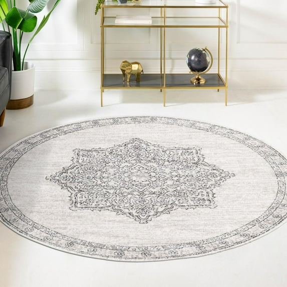 Unique Loom Nyla Collection Area Rug - Smile (3' 3" Round Ivory/Gray)