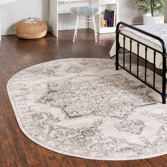 Unique Loom Nyla Collection Area Rug - Smile (5' 3" x 8' Oval Ivory/Gray)