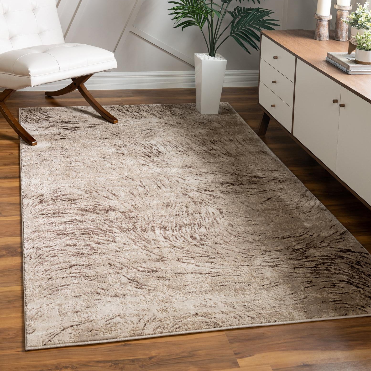 Ivory and Brown Abstract Synthetic Rectangular Area Rug
