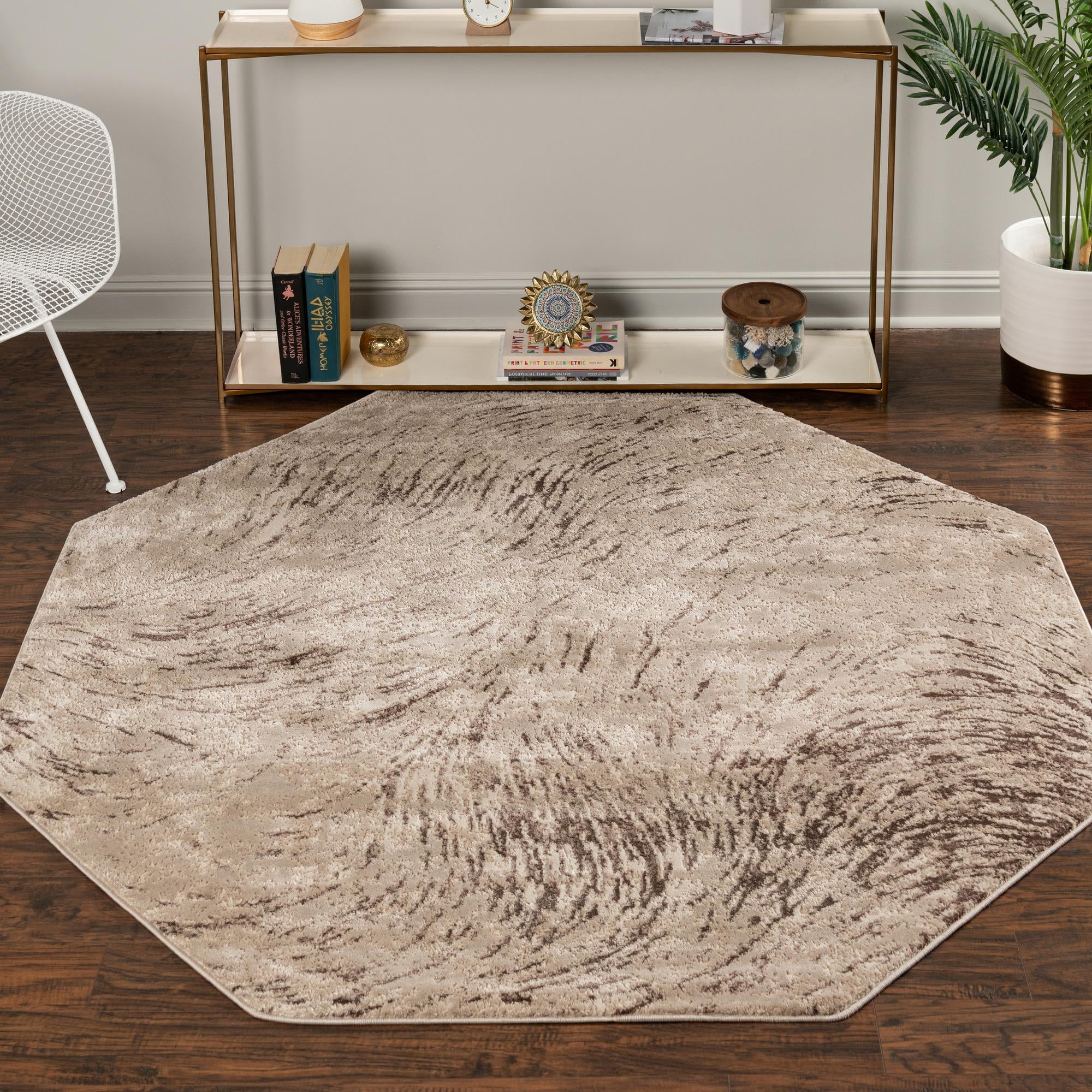 Serenity Oasis Abstract Brown Octagon Easy-Care Rug