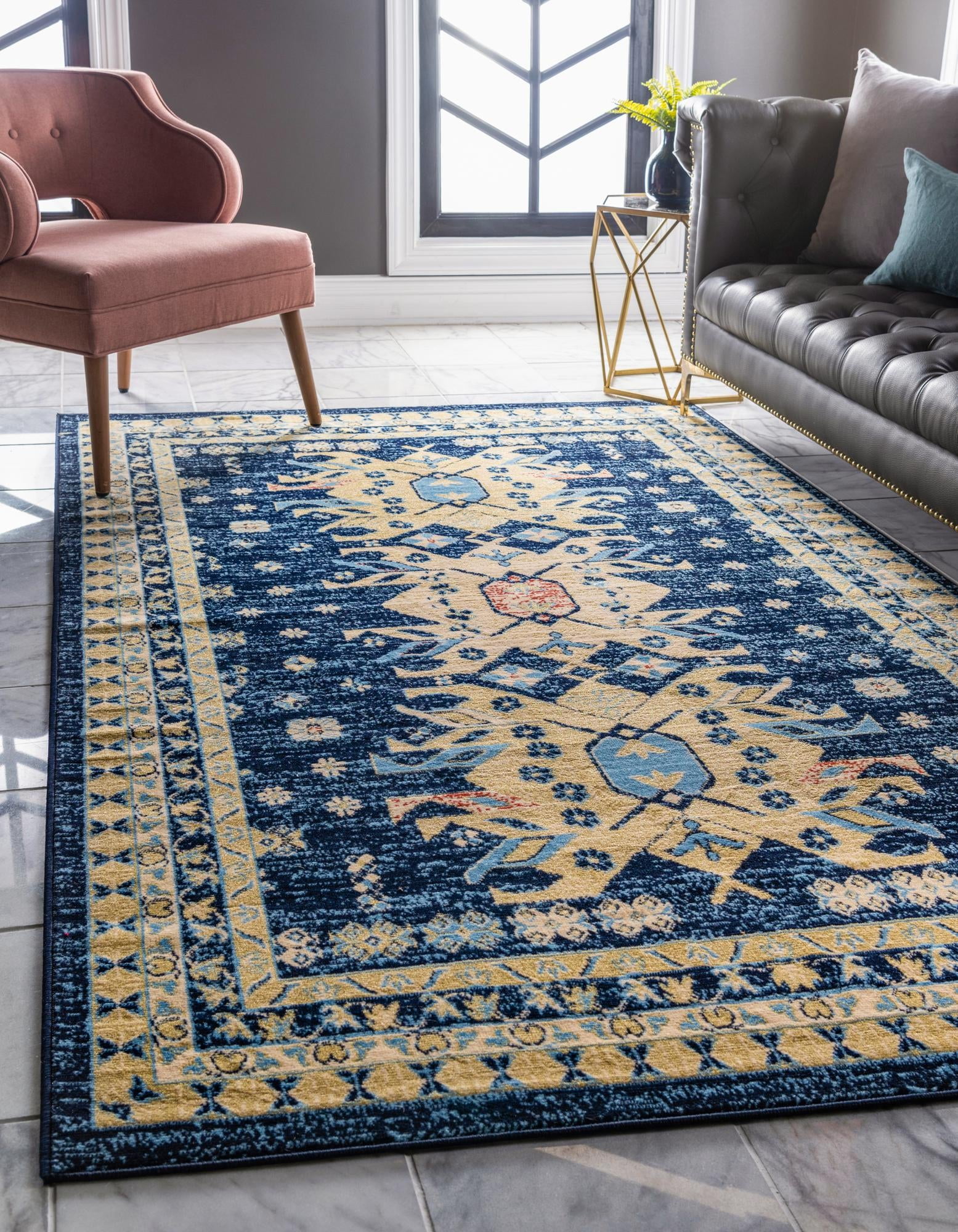 Navy Blue Rectangular Stain-Resistant Synthetic Area Rug
