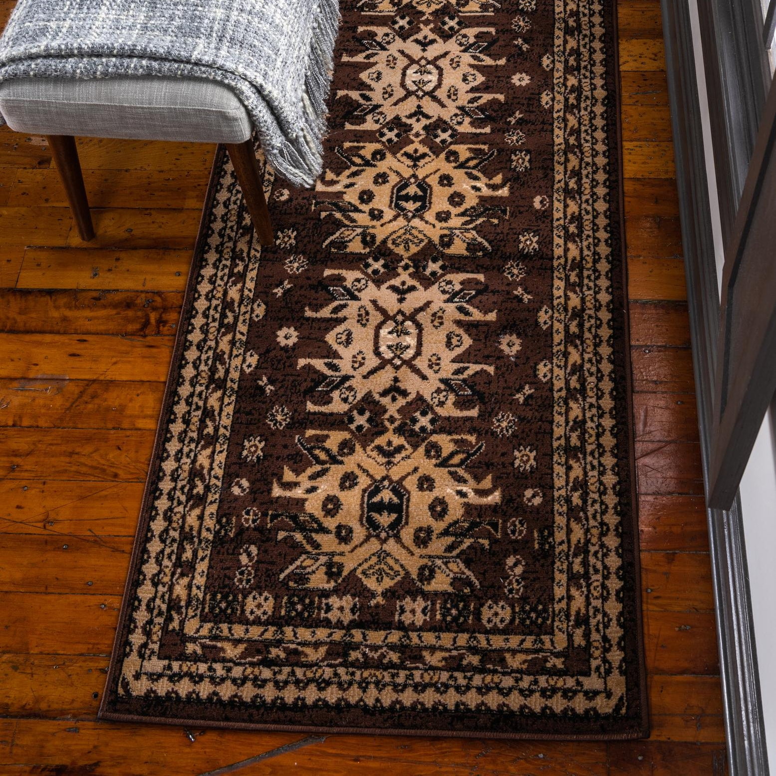 Taftan Brown and Cream Synthetic Runner Rug