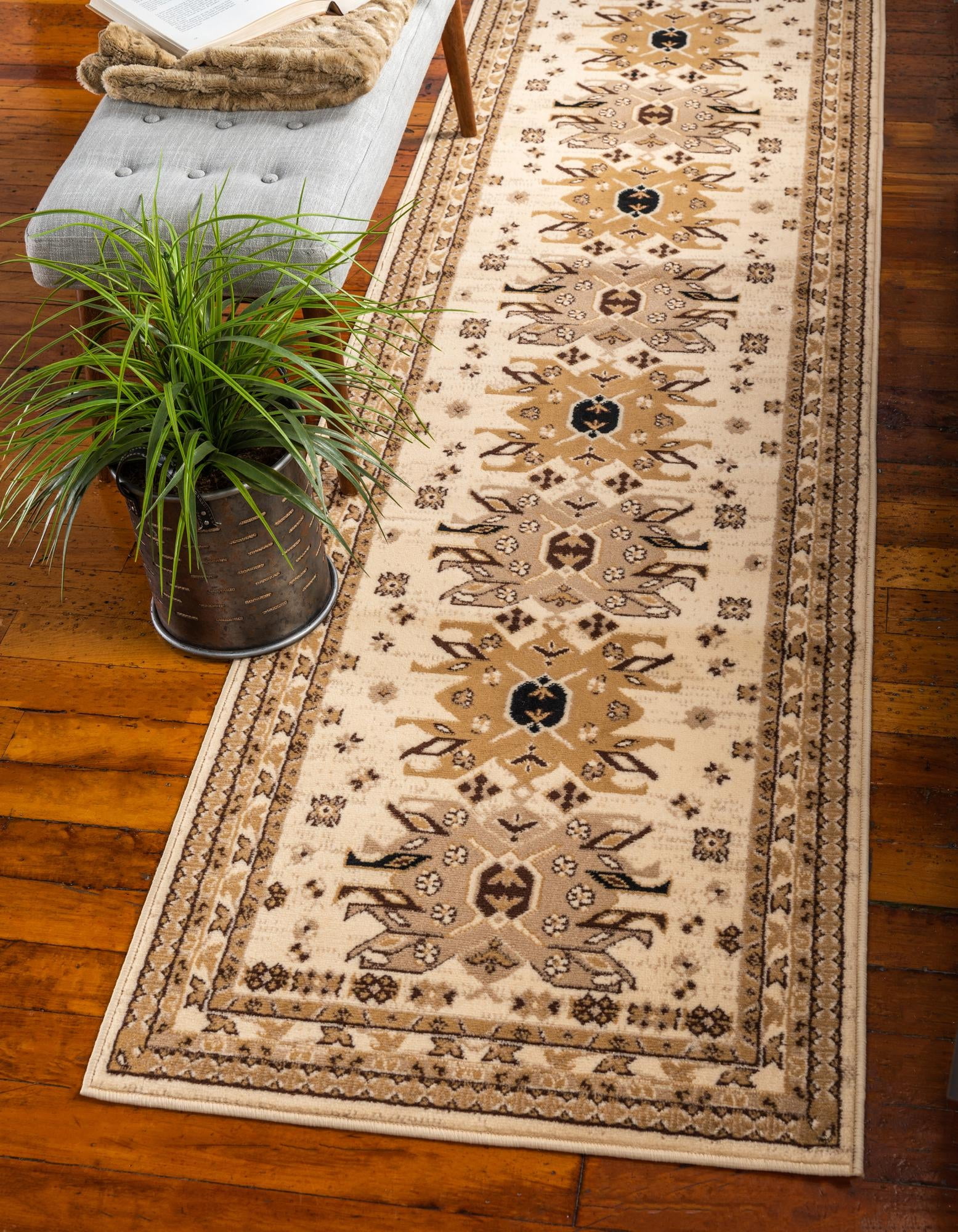 Ivory and Tan Synthetic Tribal Runner Rug 2' 11" x 16' 5"