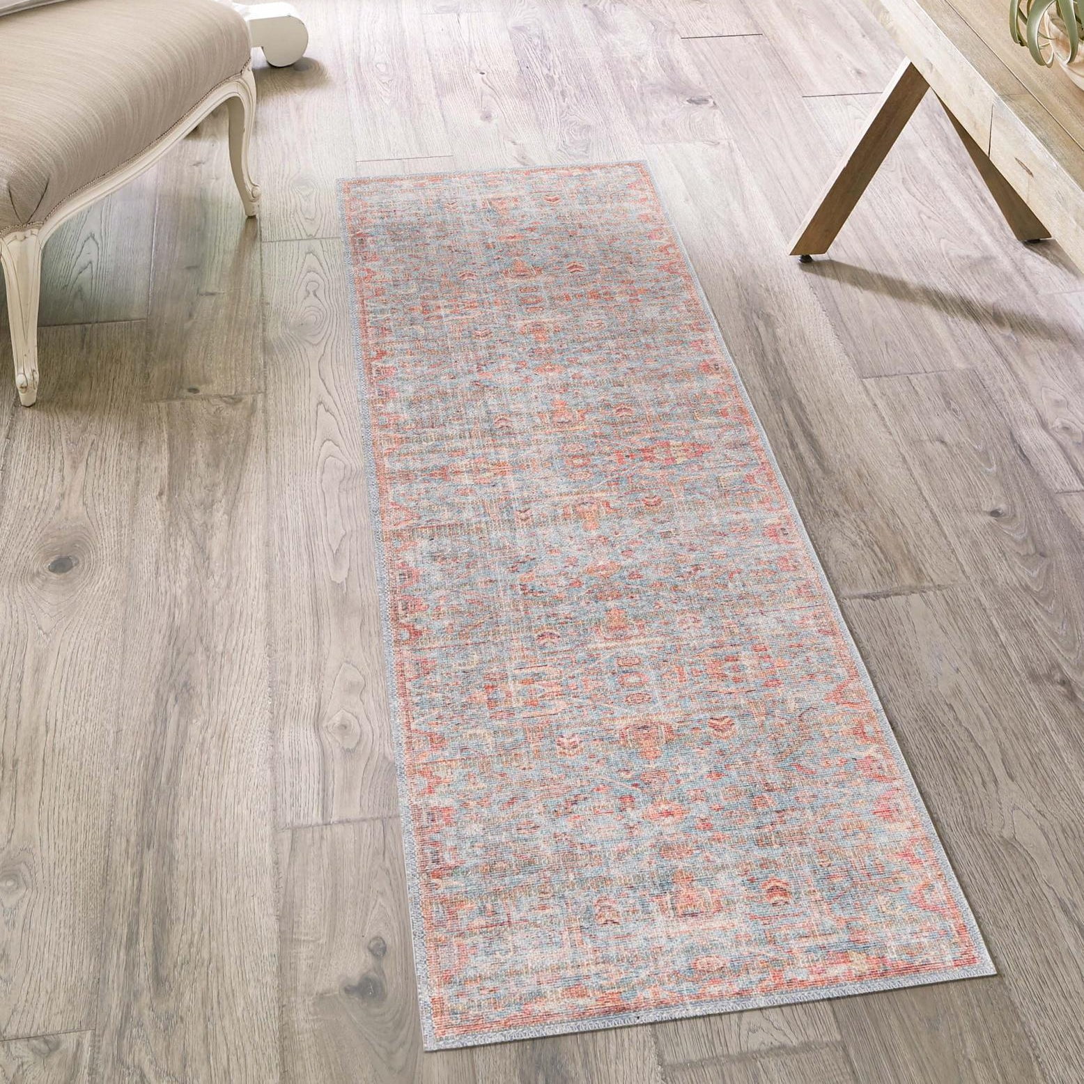 Antique Blue Nostalgia Floral Runner Rug 2' x 5' Machine Washable