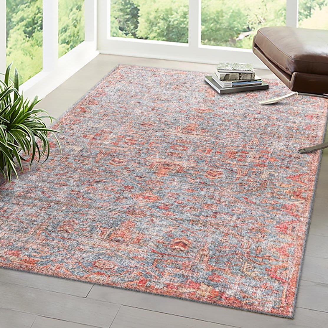 Antique Blue 4' x 6' Flat Woven Synthetic Easy Care Rug