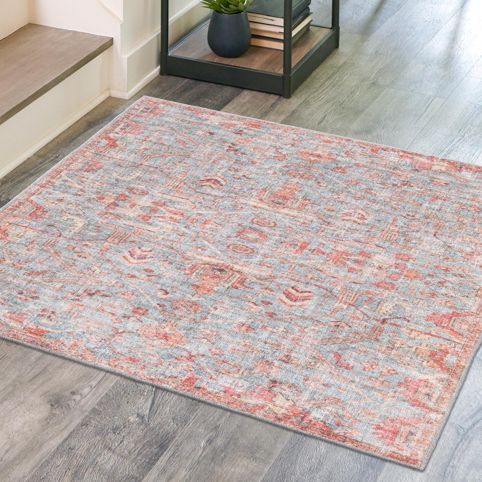 Antique Blue Floral Washable Square Rug 5'3" Synthetic Easy Care