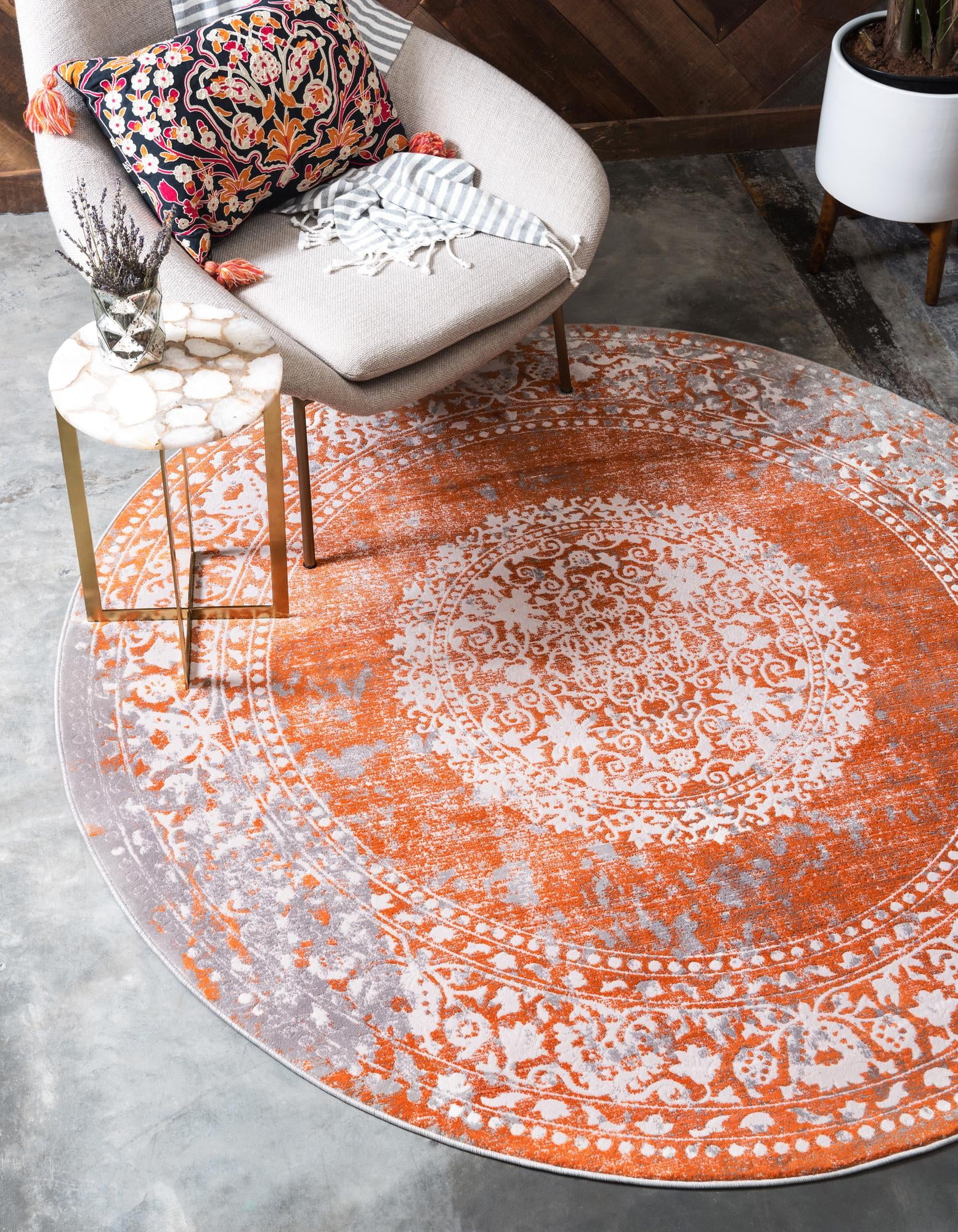 Coral and Grey Entryway Rug with Fringe