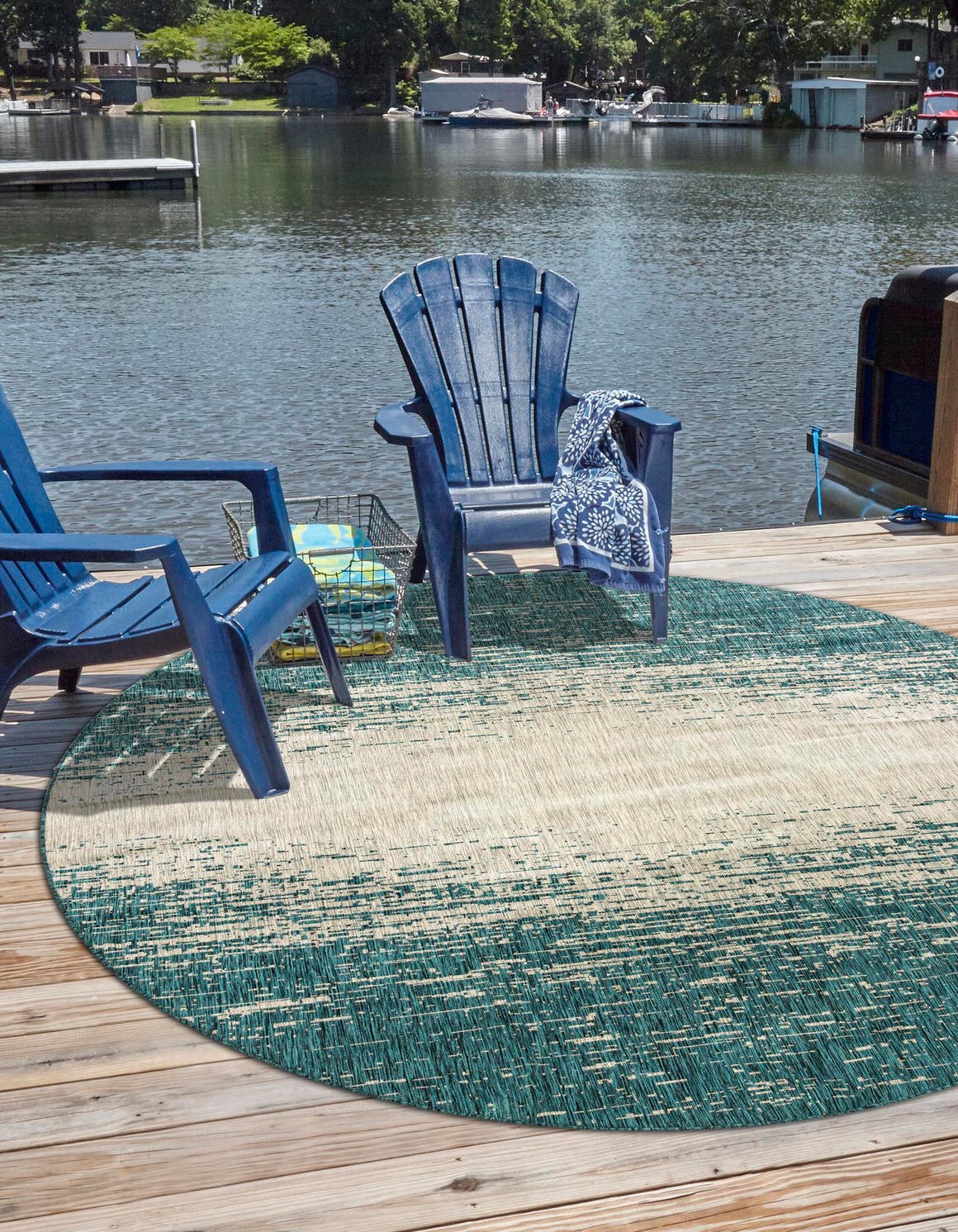 Unique Loom Ombre Outdoor Modern Rug 10' 8 x 10' 8 Round Teal